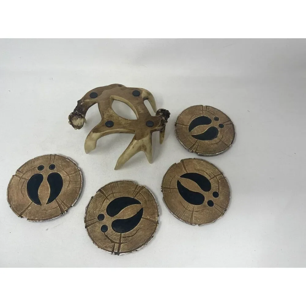 Deer Antler Coaster Set with Antler Holder 4 Coasters Vintage Rustic Cabin Decor